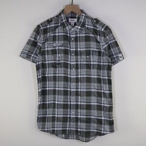Diesel Mens Plaid Short Sleeve Button Down Shirt Grey Size S Distressed